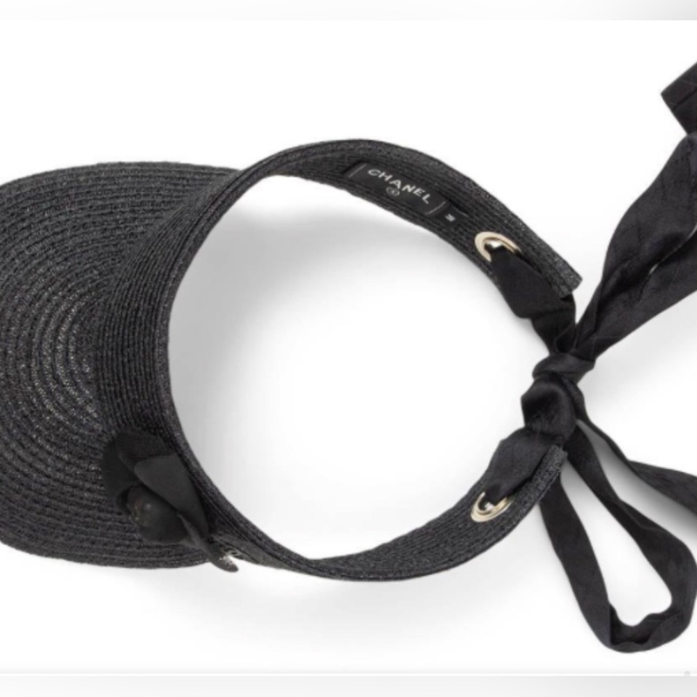 CHANEL BLACK RAFFIA 2018 CAMELLIA VISOR Like New - Picture 6 of 9